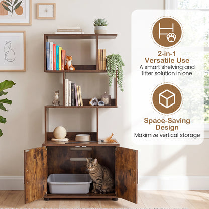 141 CM Tall Cat Litter Box Enclosure with 3 Open Shelves & Side Entry for Indoor-Rustic Brown