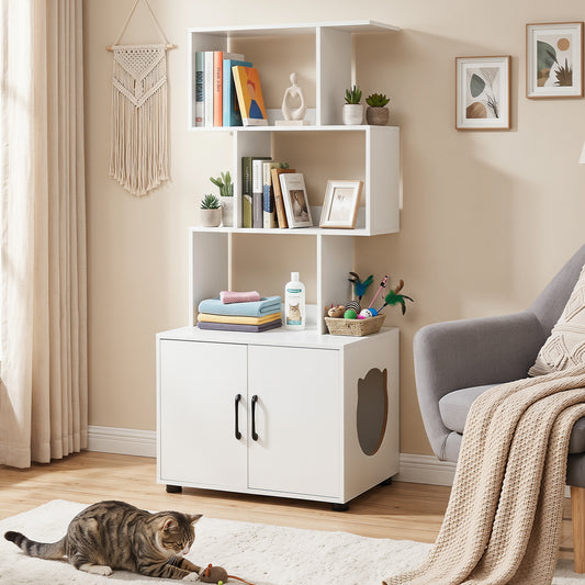 141 CM Tall Cat Litter Box Enclosure with 3 Open Shelves & Side Entry for Indoor-White
