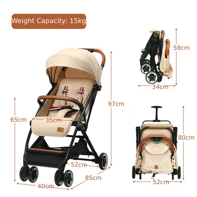 Folding Pushchair with Adjustable Backrest and Footrest-Beige