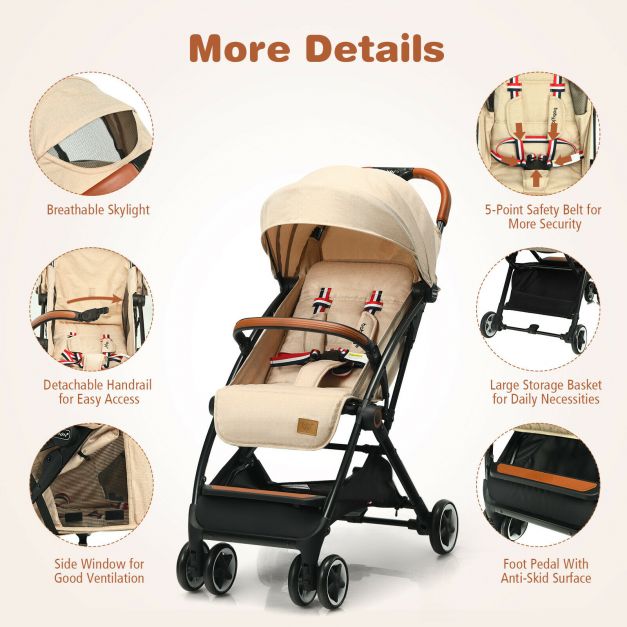 Folding Pushchair with Adjustable Backrest and Footrest-Beige