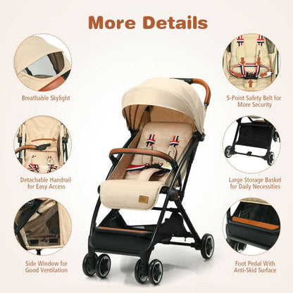 Folding Pushchair with Adjustable Backrest and Footrest-Beige
