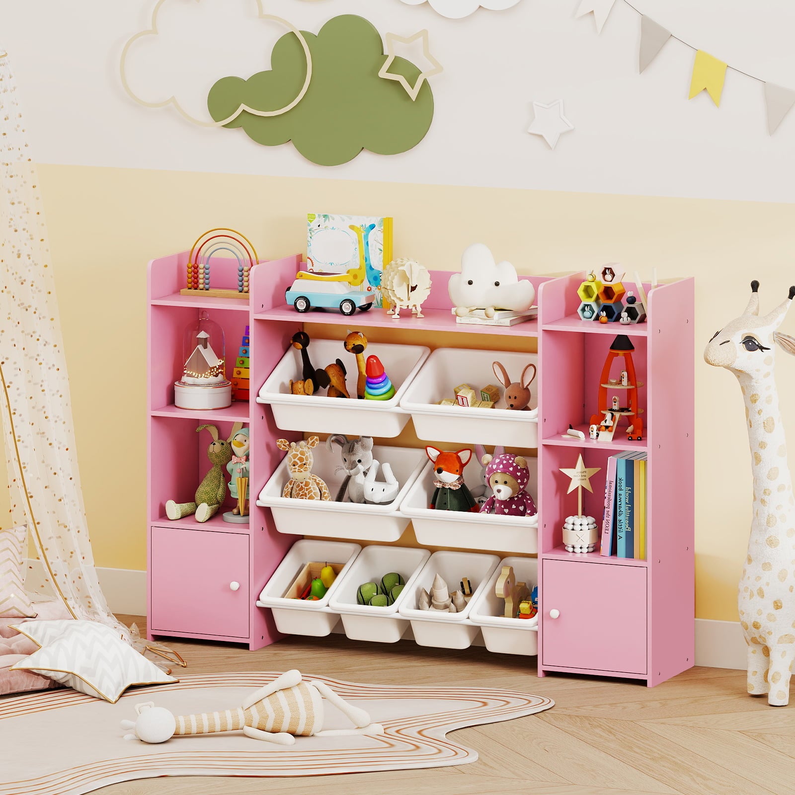 142 cm Large Toy Storage Organizer with 8 Removable Bins and Bookshelf-Pink
