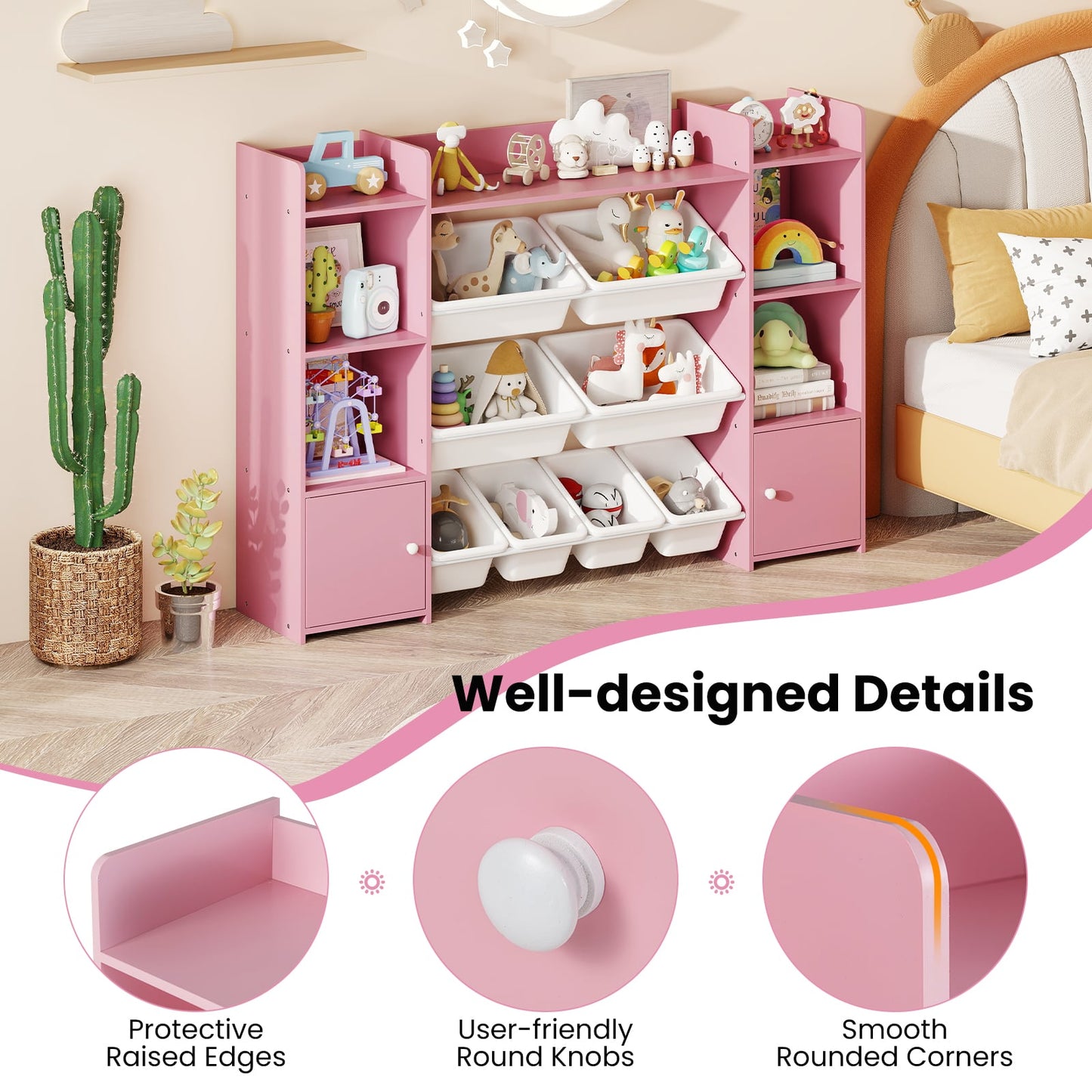 142 cm Large Toy Storage Organizer with 8 Removable Bins and Bookshelf-Pink