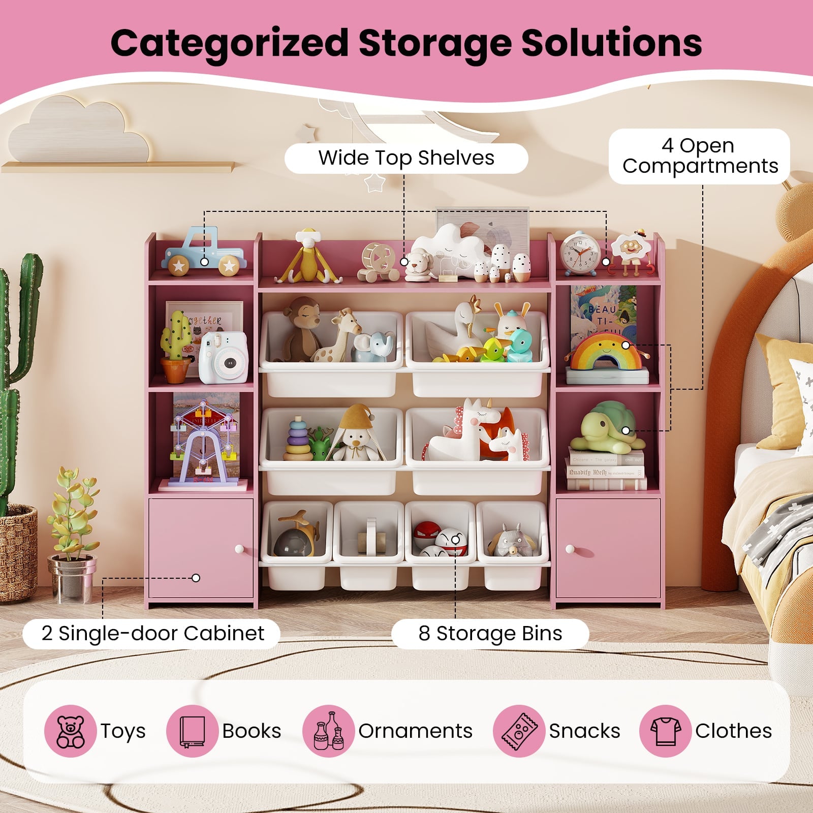 142 cm Large Toy Storage Organizer with 8 Removable Bins and Bookshelf-Pink
