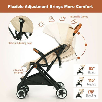 Folding Pushchair with Adjustable Backrest and Footrest-Beige