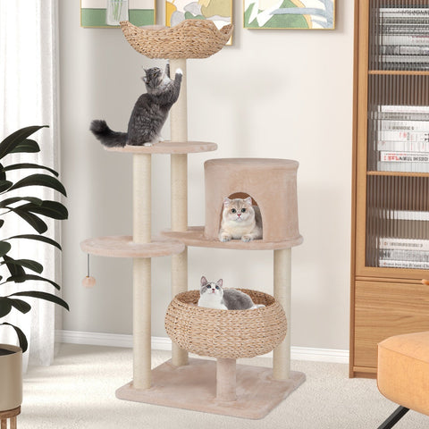 146 cm Cat Tree with Sisal Scratching Posts and Perch-Beige