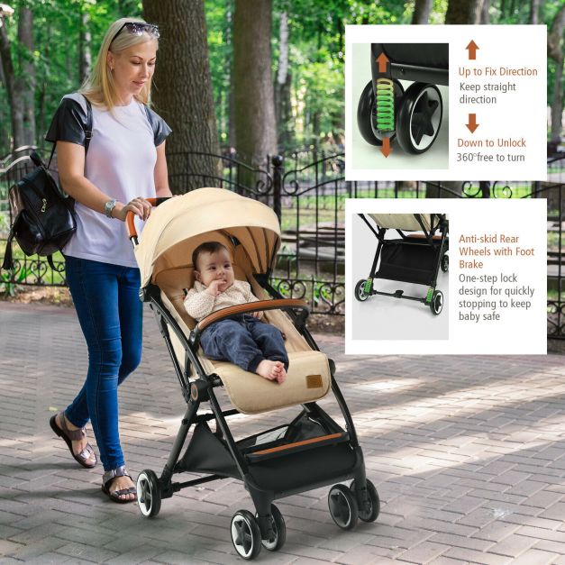 Folding Pushchair with Adjustable Backrest and Footrest-Beige