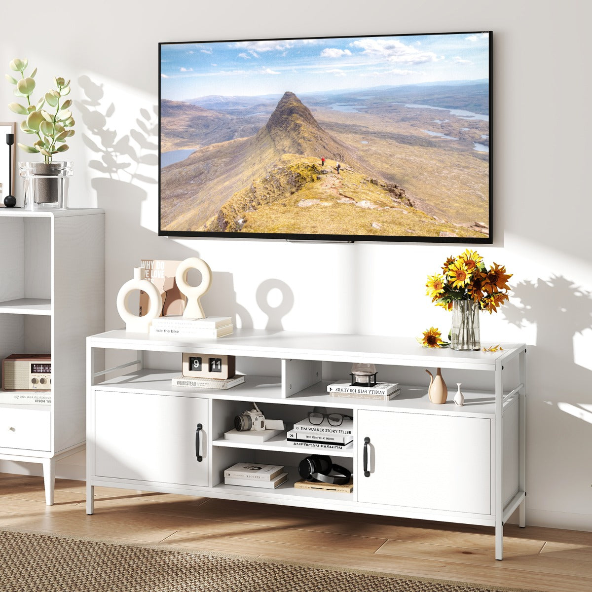 147 cm Industrial TV Stand with Adjustable Shelf for TVs up to 65 Inch-White