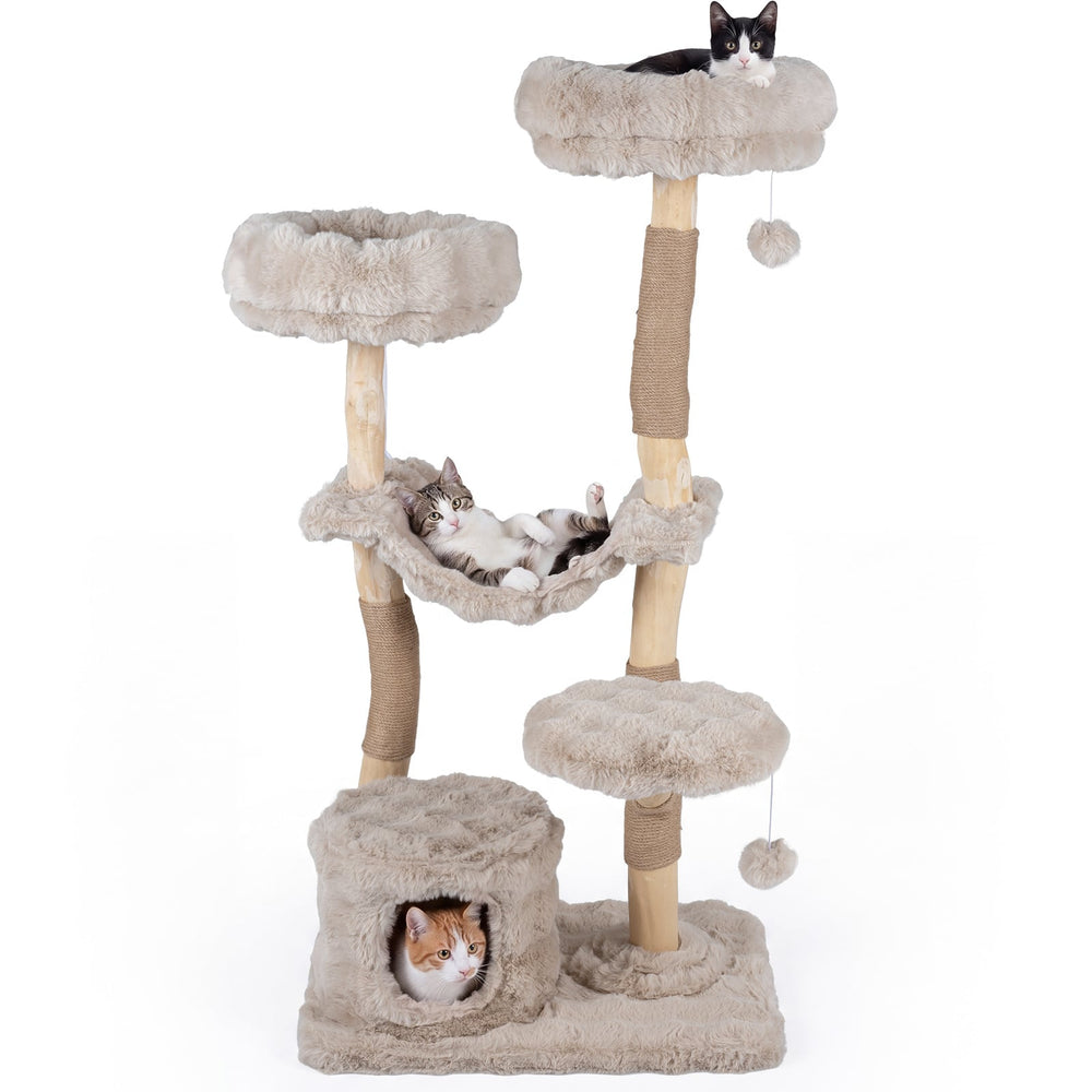 147cm Cat Tree Tower with Cat Cave with Sisal Scratching Poles and 2 Plush Play Balls for Indoor Cats-Beige