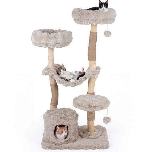 147cm Cat Tree Tower with Cat Cave with Sisal Scratching Poles and 2 Plush Play Balls for Indoor Cats-Beige