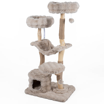 147cm Cat Tree Tower with Cat Cave with Sisal Scratching Poles and 2 Plush Play Balls for Indoor Cats-Beige