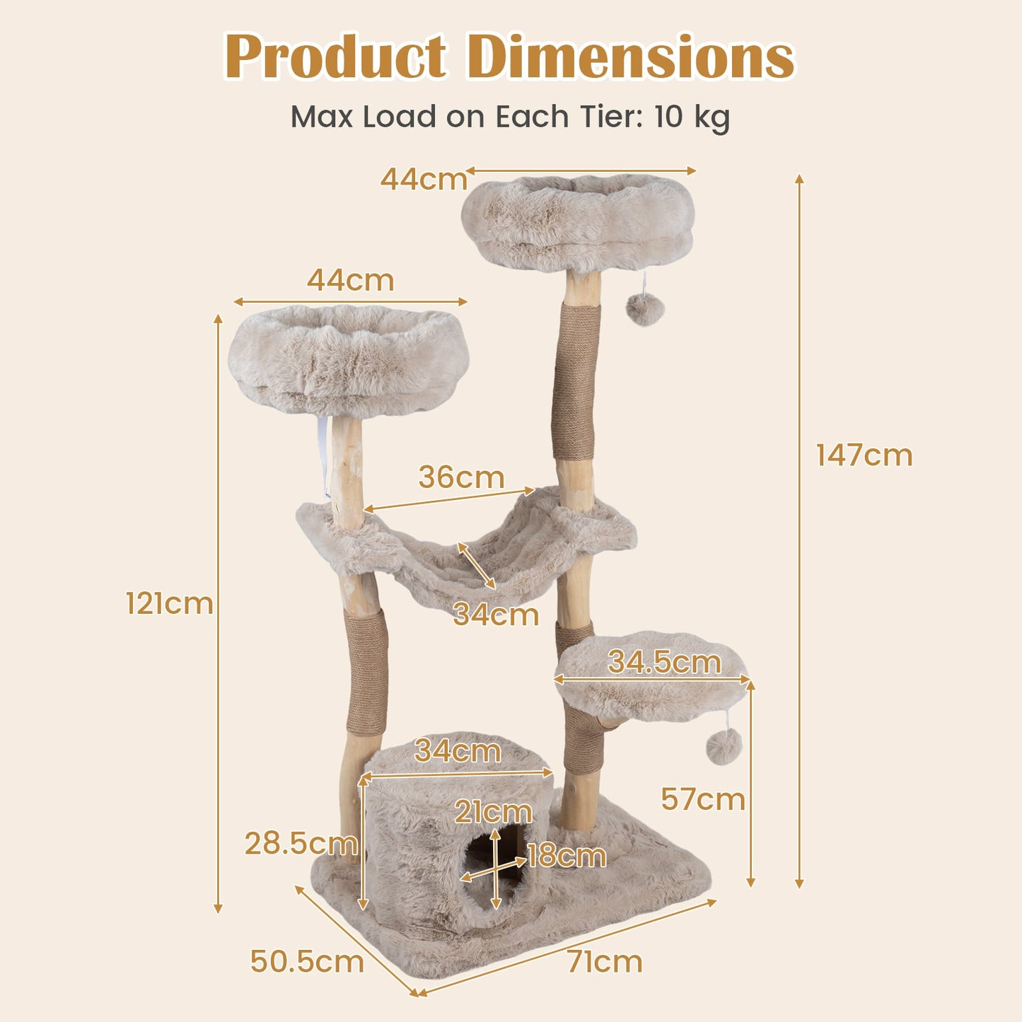 147cm Cat Tree Tower with Cat Cave with Sisal Scratching Poles and 2 Plush Play Balls for Indoor Cats-Beige