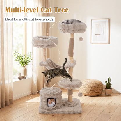 147cm Cat Tree Tower with Cat Cave with Sisal Scratching Poles and 2 Plush Play Balls for Indoor Cats-Beige