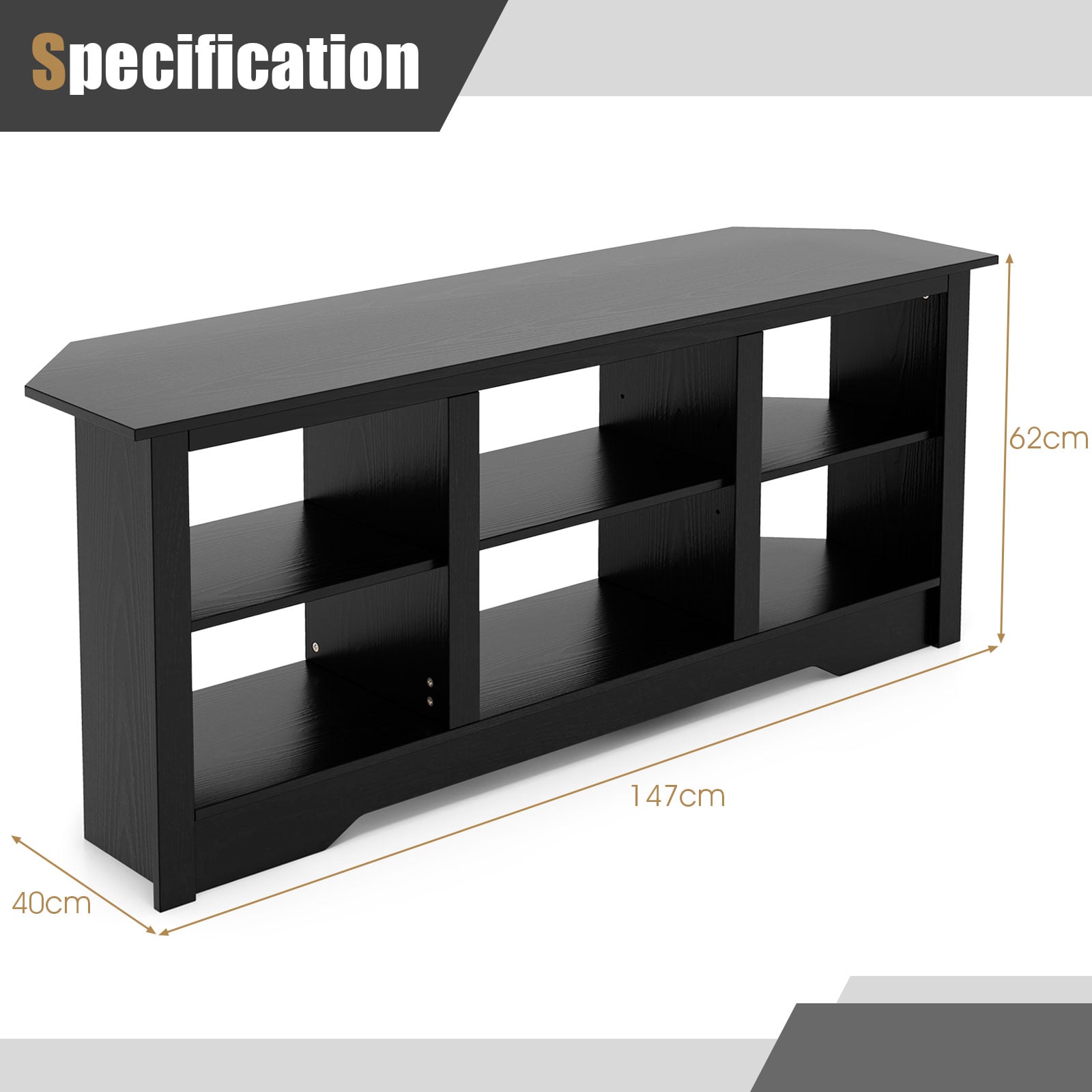147cm TV Stand for TVs up to 65 Inches with 6 Open Storage Shelves-Black