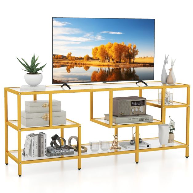 58 Inch TV Console Table with Tempered Glass Shelves for Living Room-Gold