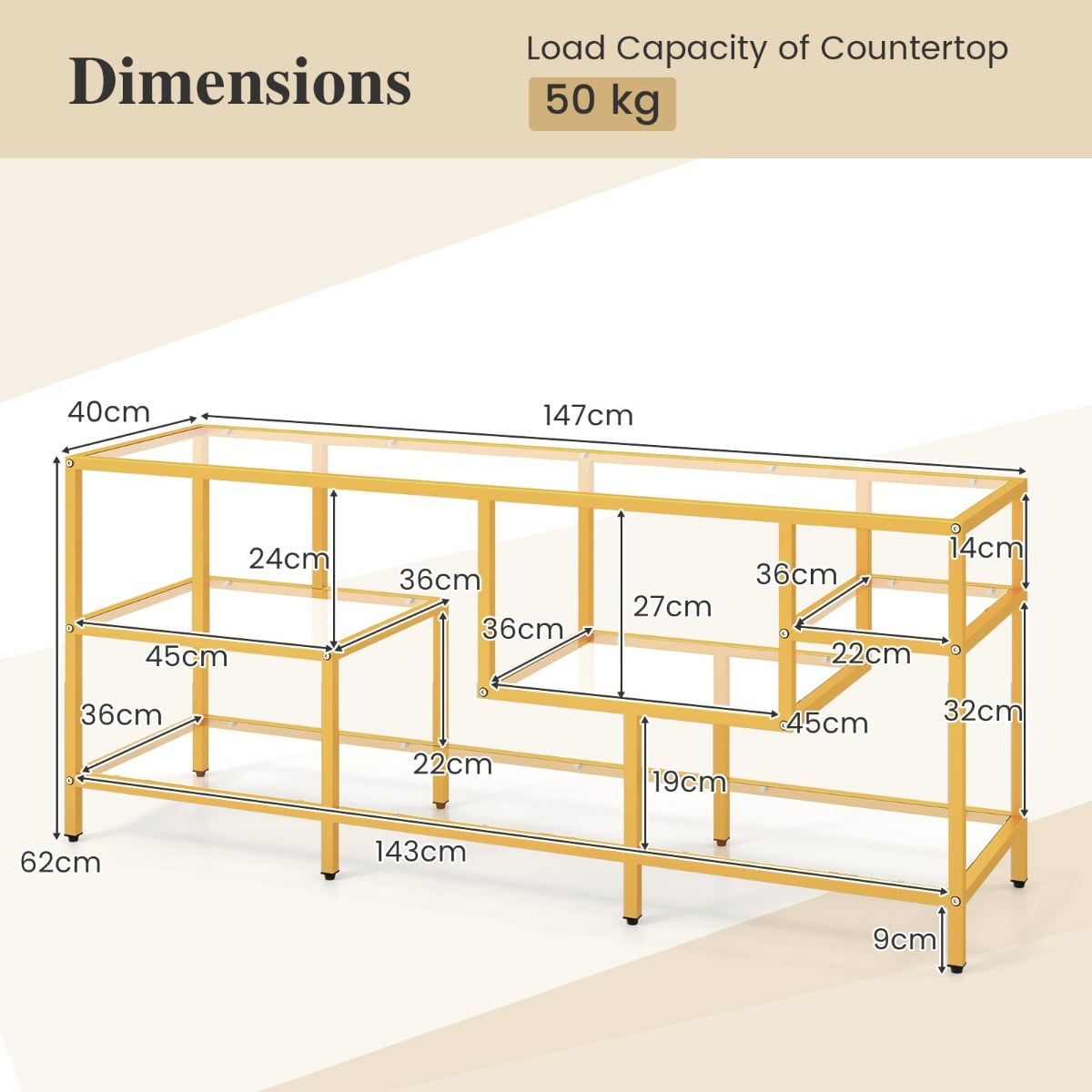 147cm TV Console Table with Tempered Glass Shelves-Golden