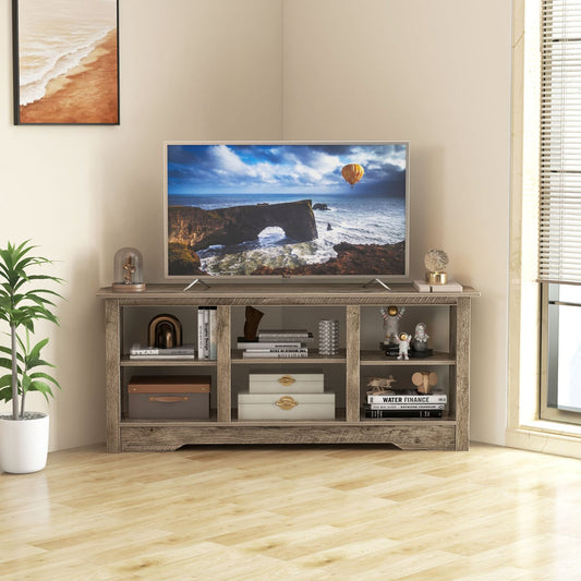 147cm TV Stand for TVs up to 65 Inches with 6 Open Storage Shelves-Grey