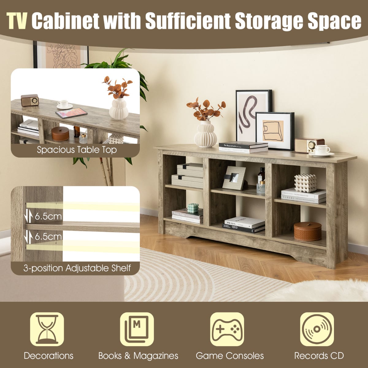 147cm TV Stand for TVs up to 65 Inches with 6 Open Storage Shelves-Grey