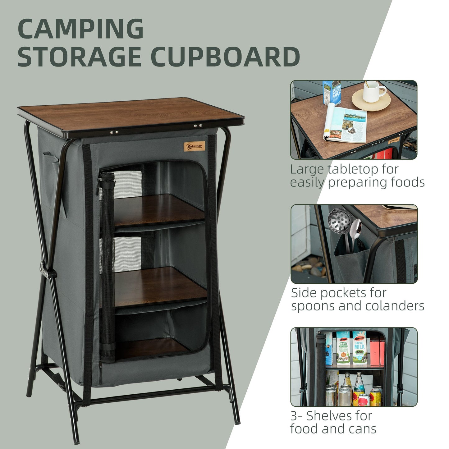 Outsunny Camping Cupboard, Aluminium Foldable Camping Kitchen Station Cook Table with Storage Shelves and Carrying Bag for BBQ Party Picnic Backyard