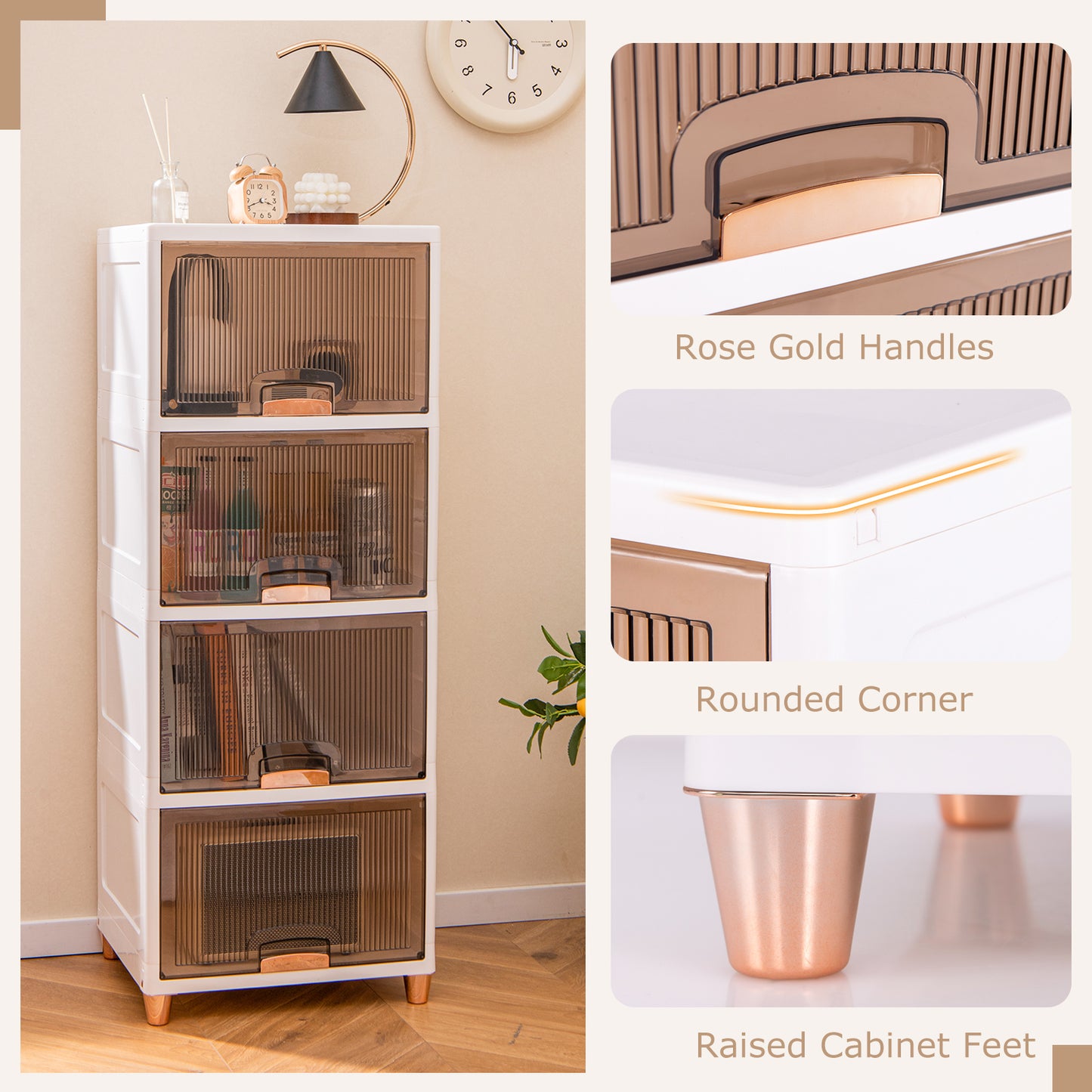 4-Tier Storage Bins Stackable Storage Containers with Magnetic Doors-White