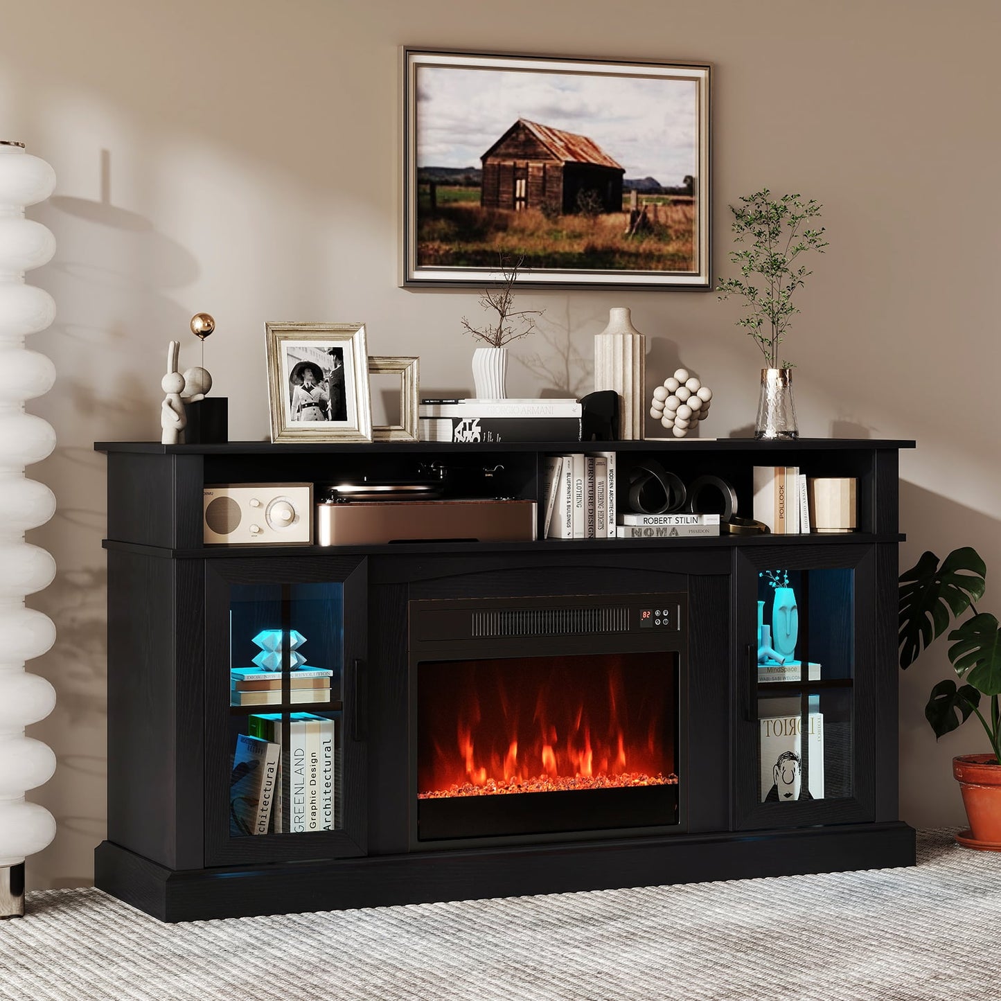148cm Fireplace TV Stand with LED Lights Entertainment Center for 65 Inch TV-Black