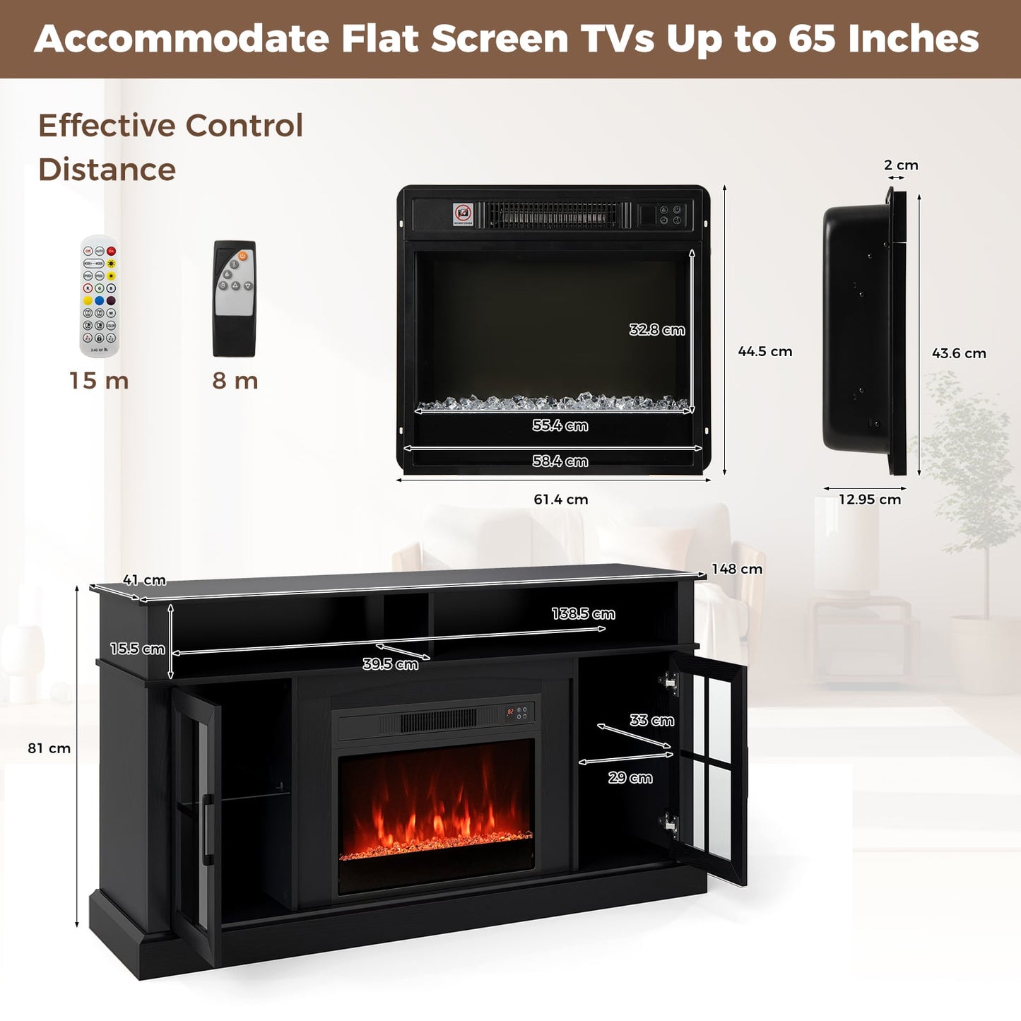 148cm Fireplace TV Stand with LED Lights Entertainment Center for 65 Inch TV-Black