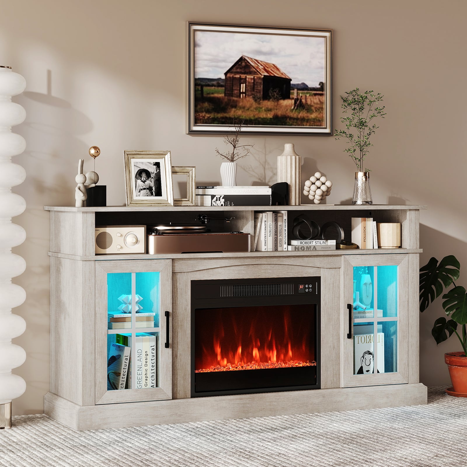 148cm Fireplace TV Stand with LED Lights Entertainment Center for 65 Inch TV-Grey