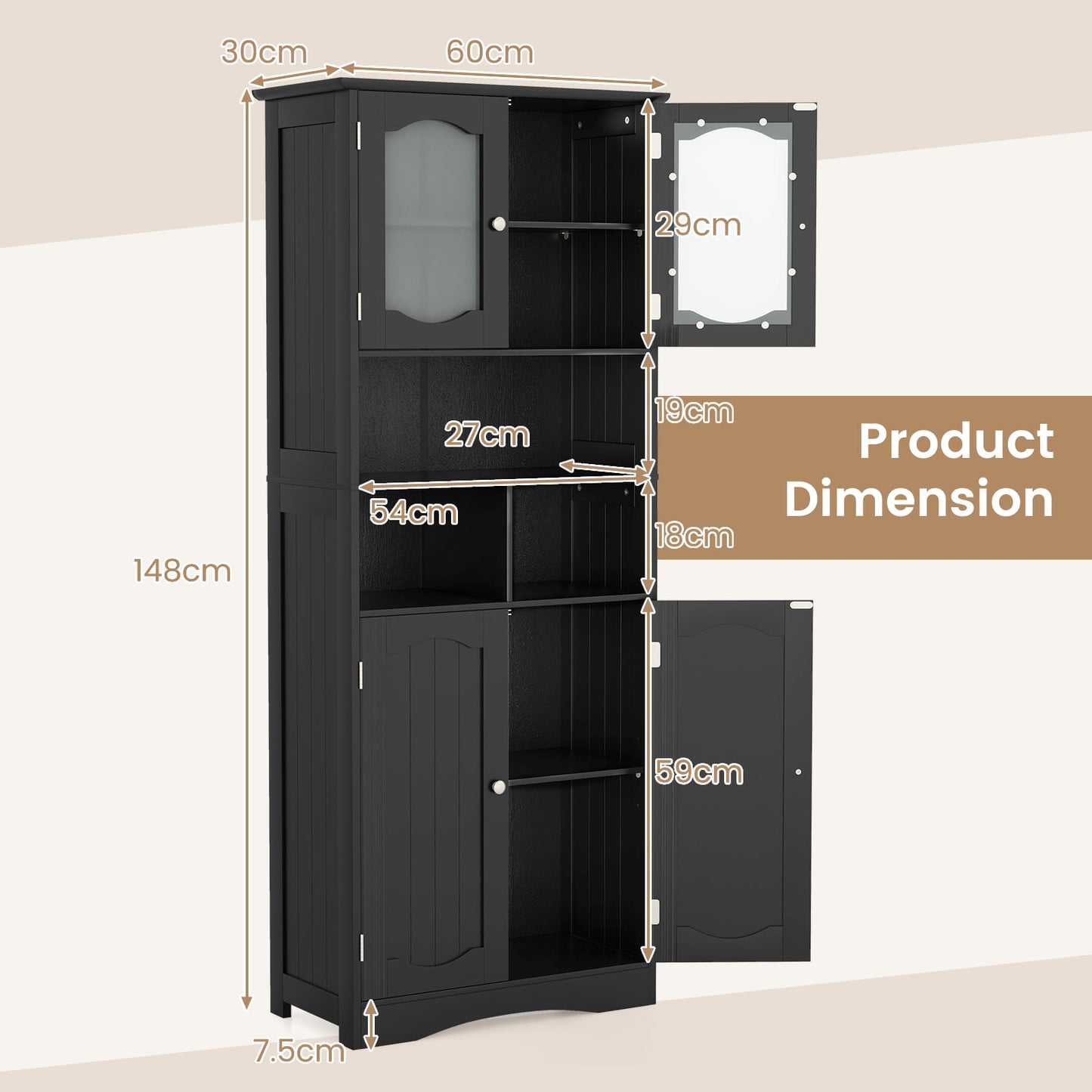 148cm Tall Bathroom Cabinet Storage Cabinet with Glass Doors-Black