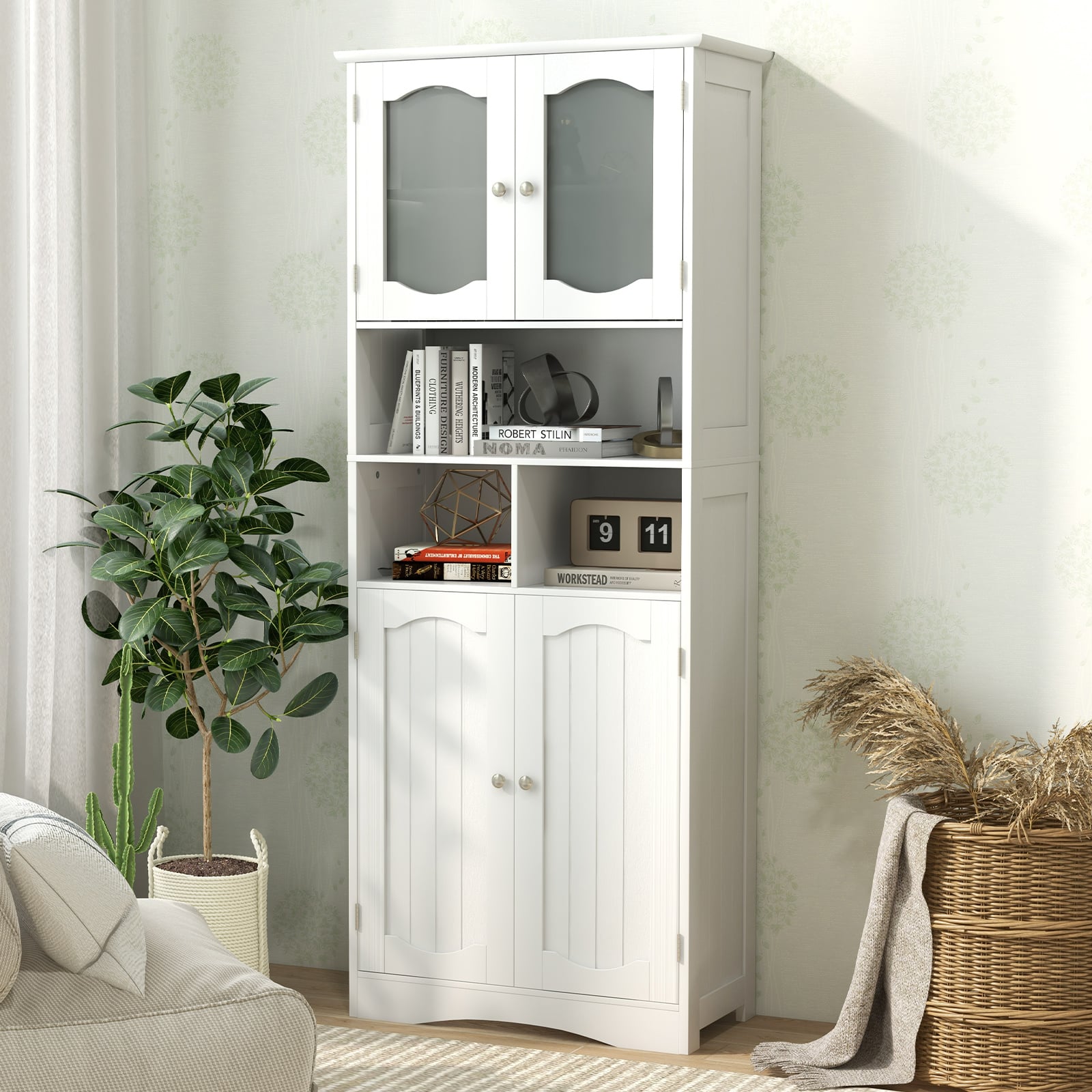 148cm Tall Bathroom Cabinet Storage Cabinet with Glass Doors-White