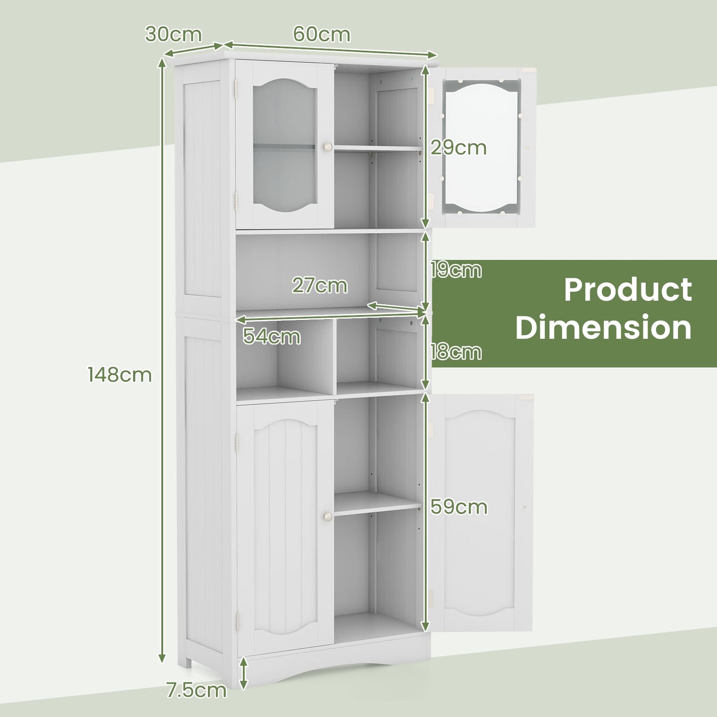 148cm Tall Bathroom Cabinet Storage Cabinet with Glass Doors-White