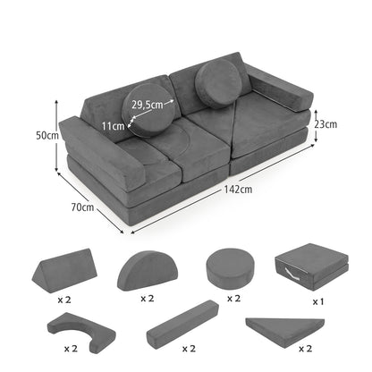 14 PCS Modular Kids Play Couch Child Sectional Sofa Building Blocks Playset-Grey