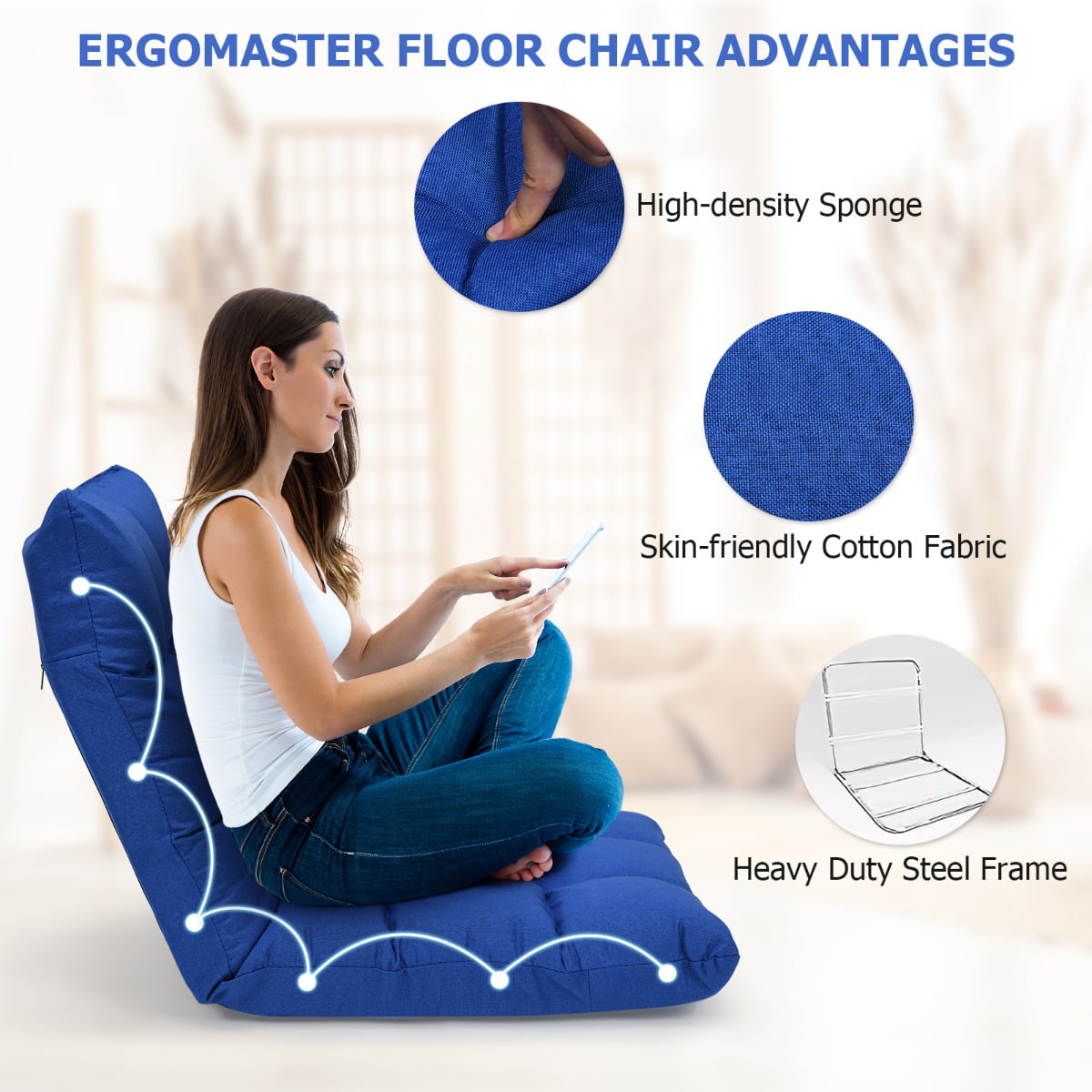 14-Position Adjustable Floor Chair with High Resilience Sponge-Blue