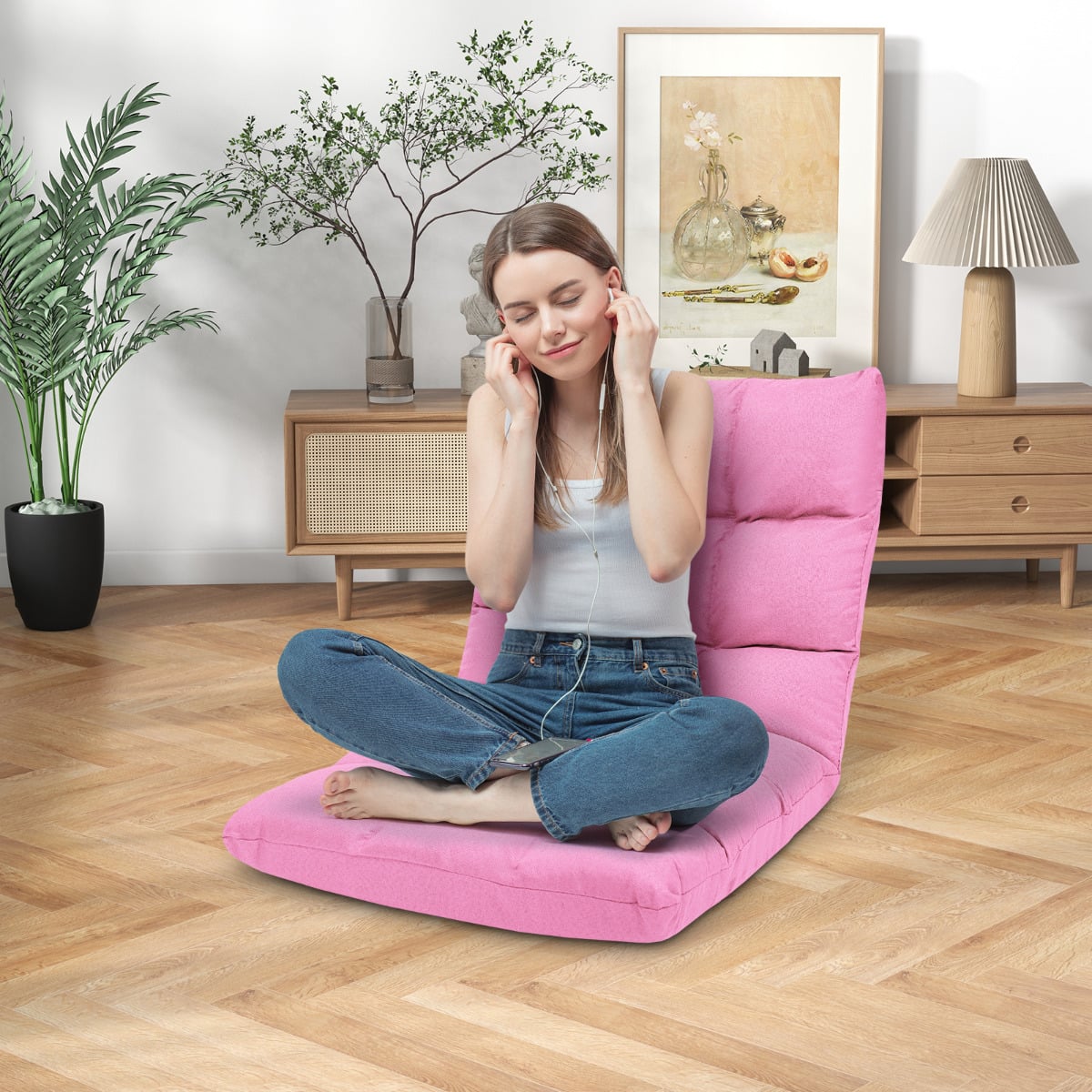 14-Position Adjustable Floor Chair with High Resilience Sponge-Pink