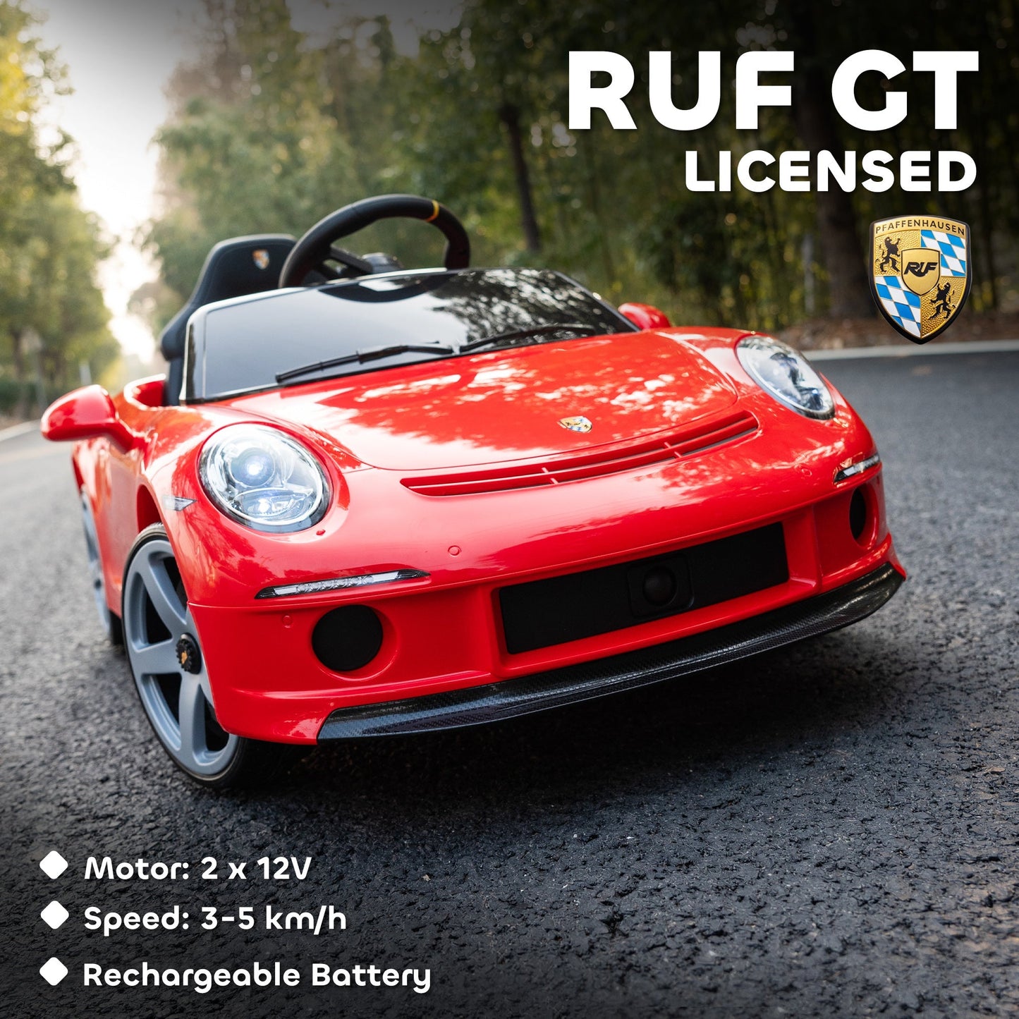AIYAPLAY Kids Electric Car, 12V Licensed RUF GT Ride on Car with Suspension, Remote Control, Music, for 3-5 Years, Red