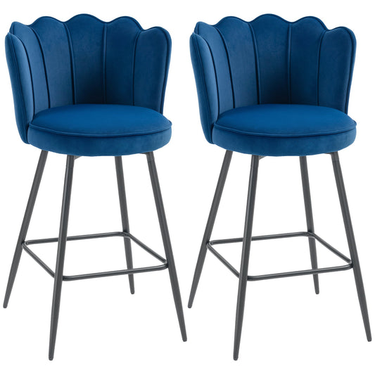 HOMCOM Set of Two Velvet-Feel Lotus Bar Stools - Dark Blue