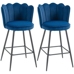 HOMCOM Set of Two Velvet-Feel Lotus Bar Stools - Dark Blue
