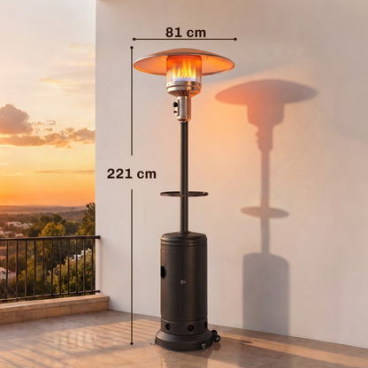 Outsunny Gas Patio Heater with Table Tray, 13 kW Portable Propane Outdoor Heater with Piezo Ignition, Tip-over Protection, Brown