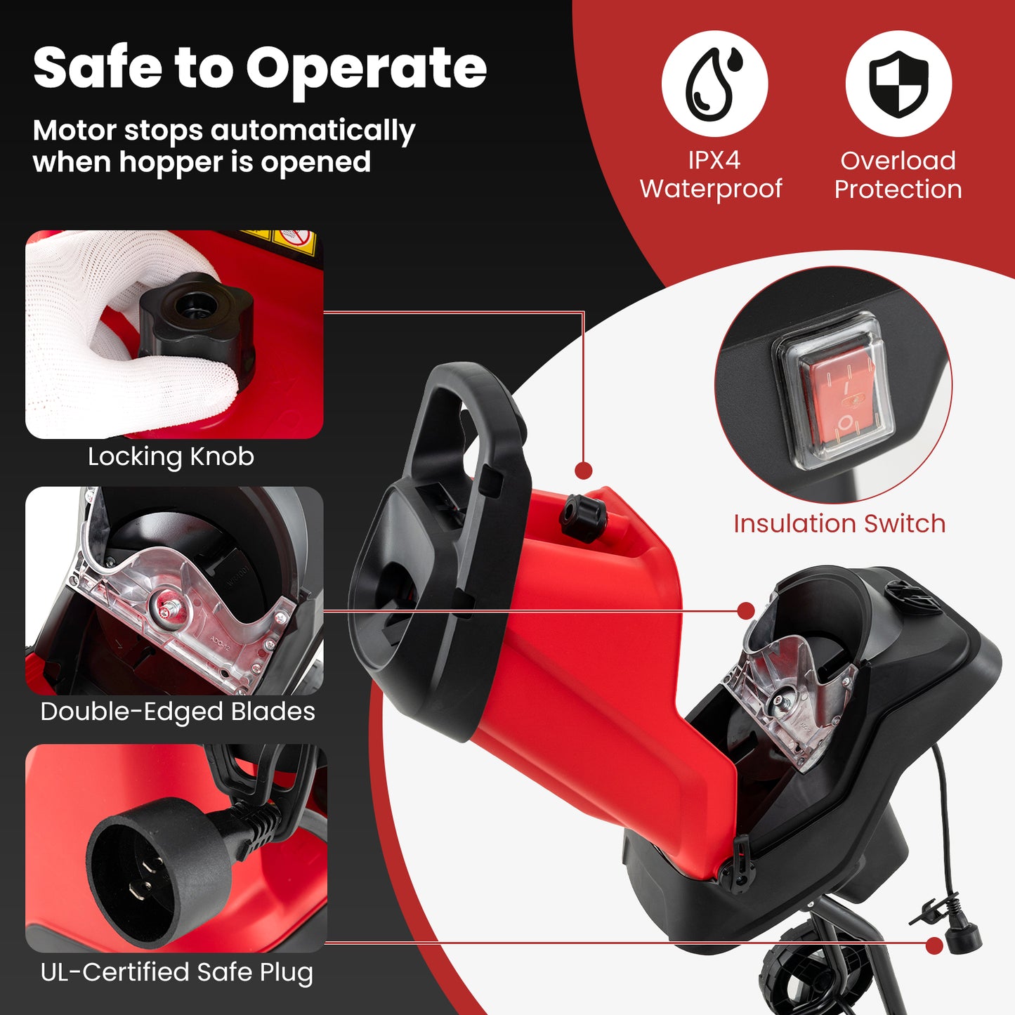15-AMP Electric Wood Chipper and Shredder with Wheels-Red
