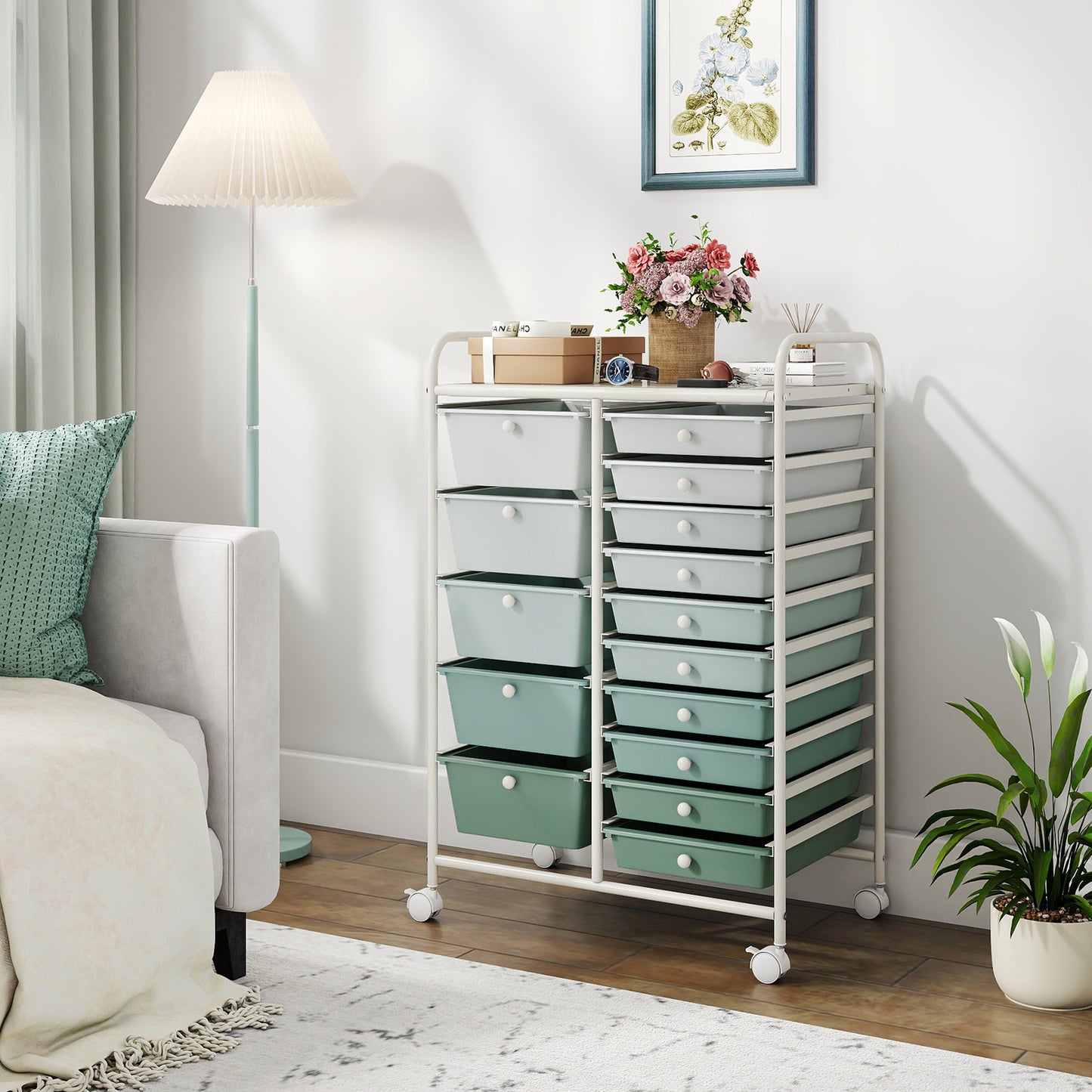 15 Drawer Rolling Storage Cart with 4 Wheels for Beauty Salon-Green