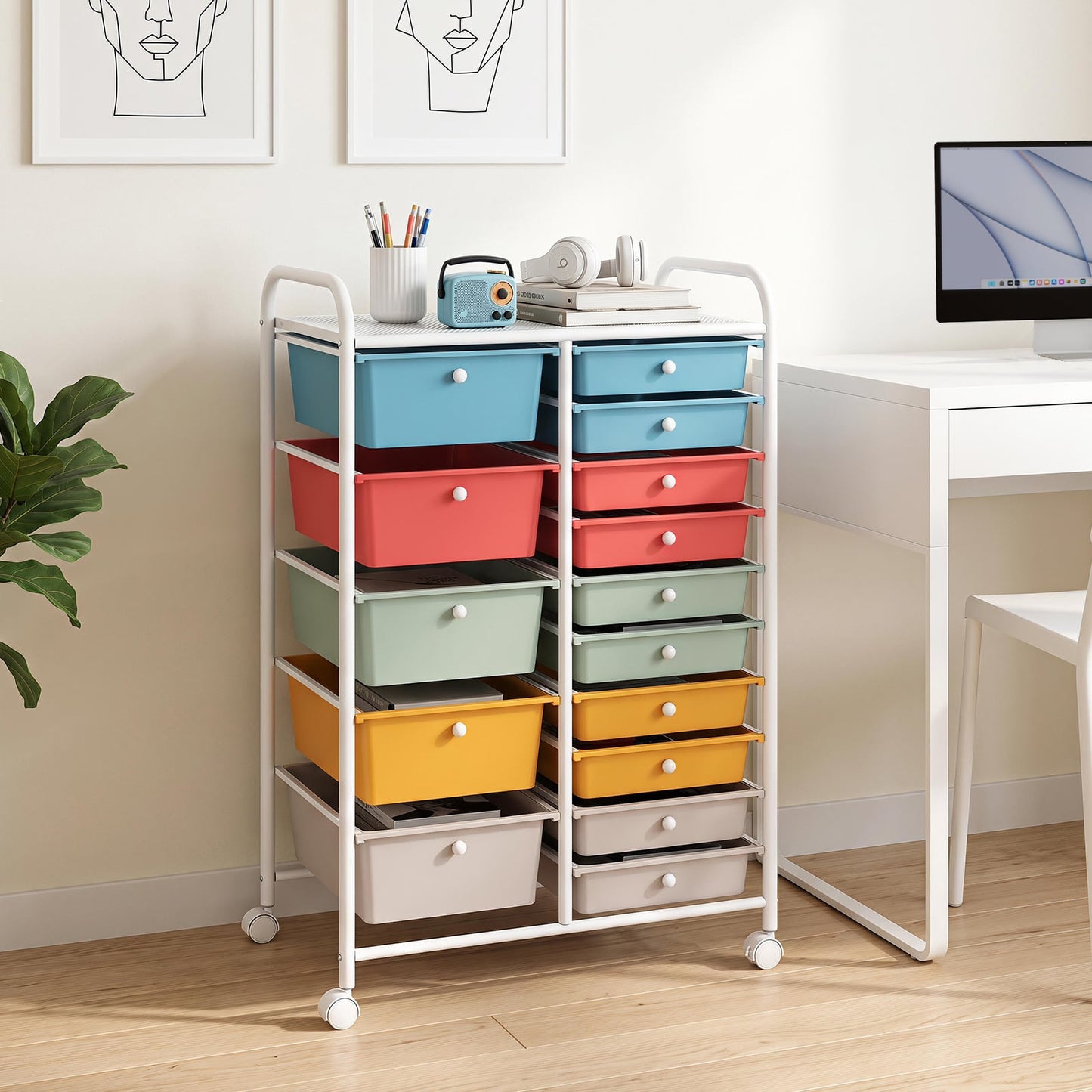 15 Drawer Rolling Storage Cart with Metal Frame and Lockable Wheels for Art Crafts-Rainbow