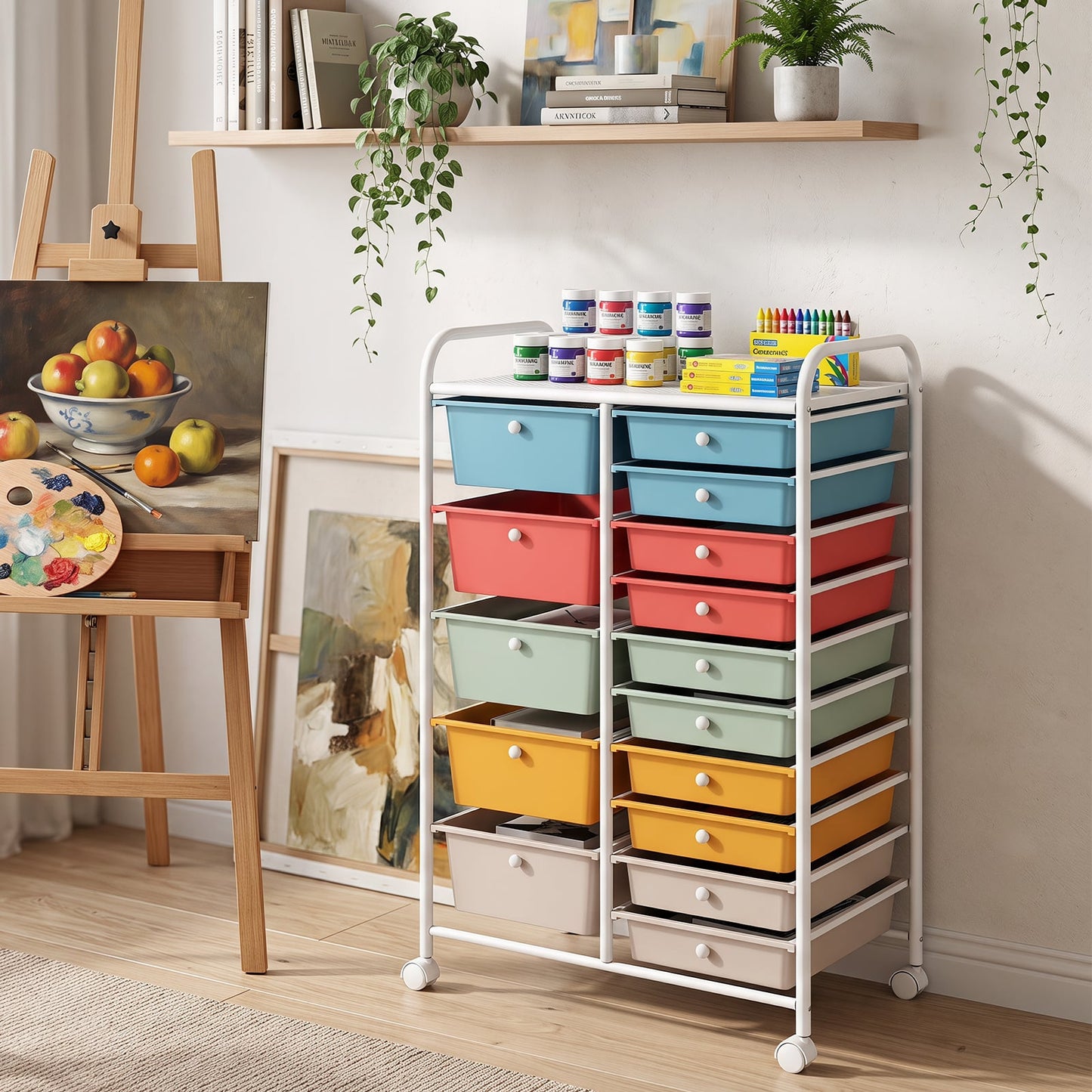 15 Drawer Rolling Storage Cart with Metal Frame and Lockable Wheels for Art Crafts-Rainbow