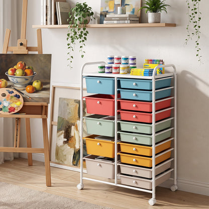 15 Drawer Rolling Storage Cart with Metal Frame and Lockable Wheels for Art Crafts-Rainbow