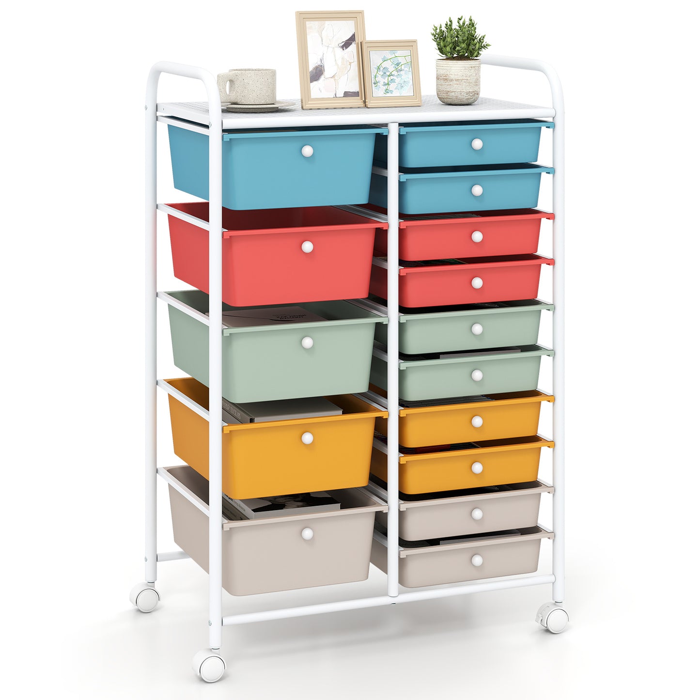 15 Drawer Rolling Storage Cart with Metal Frame and Lockable Wheels for Art Crafts-Rainbow