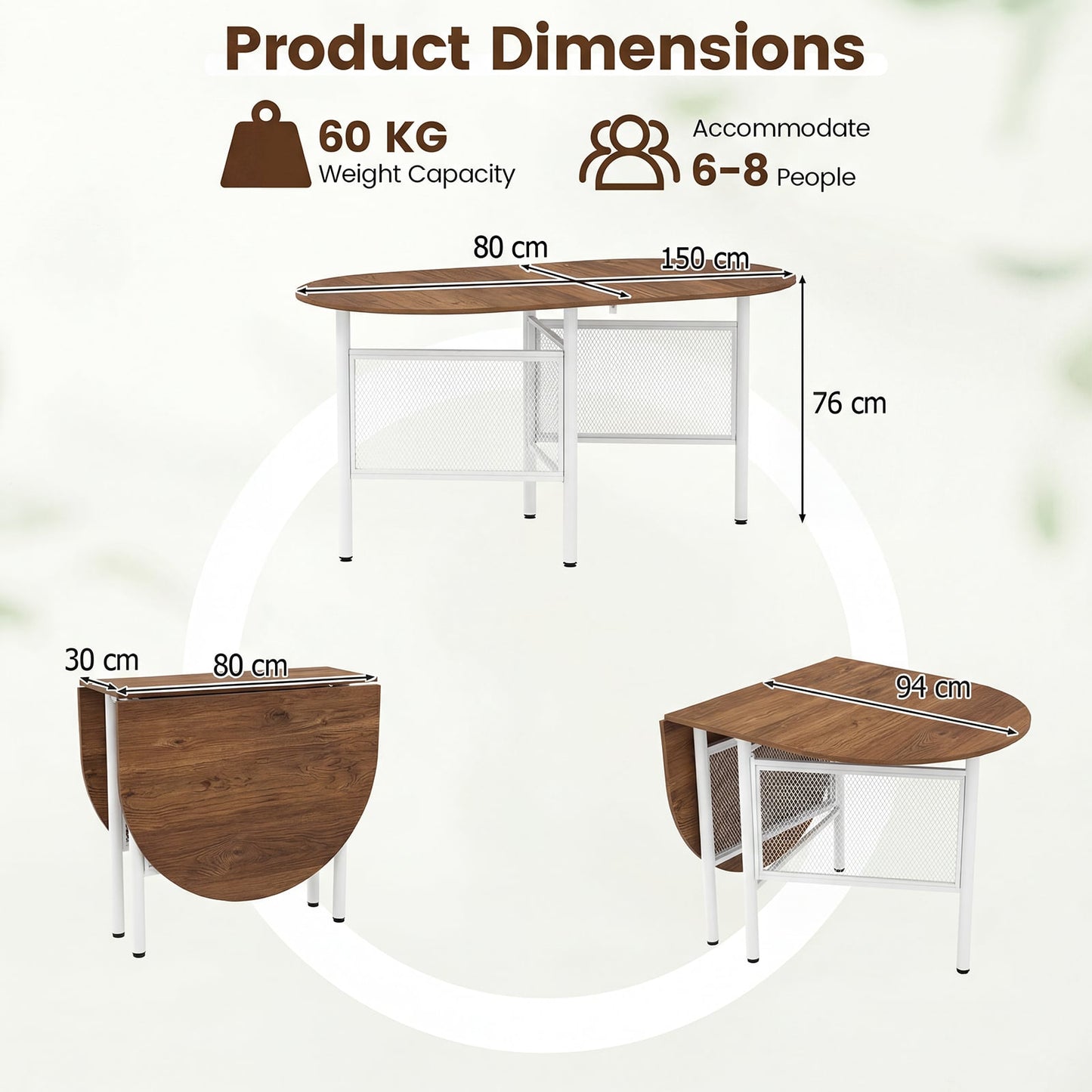 150 CM Folding Dining Table for 6-8 People with Metal Legs-Natural