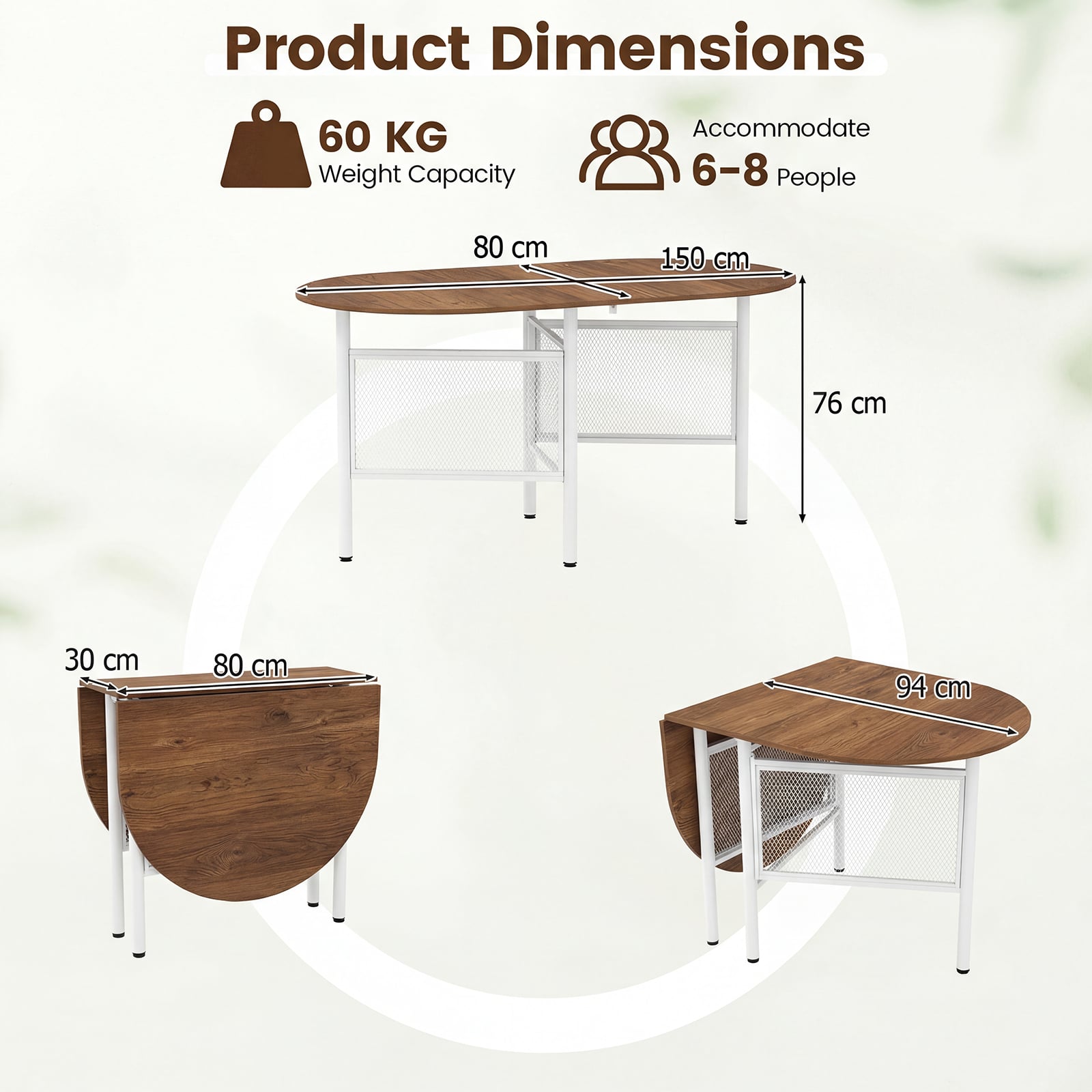 150 CM Folding Dining Table for 6-8 People with Metal Legs-Natural