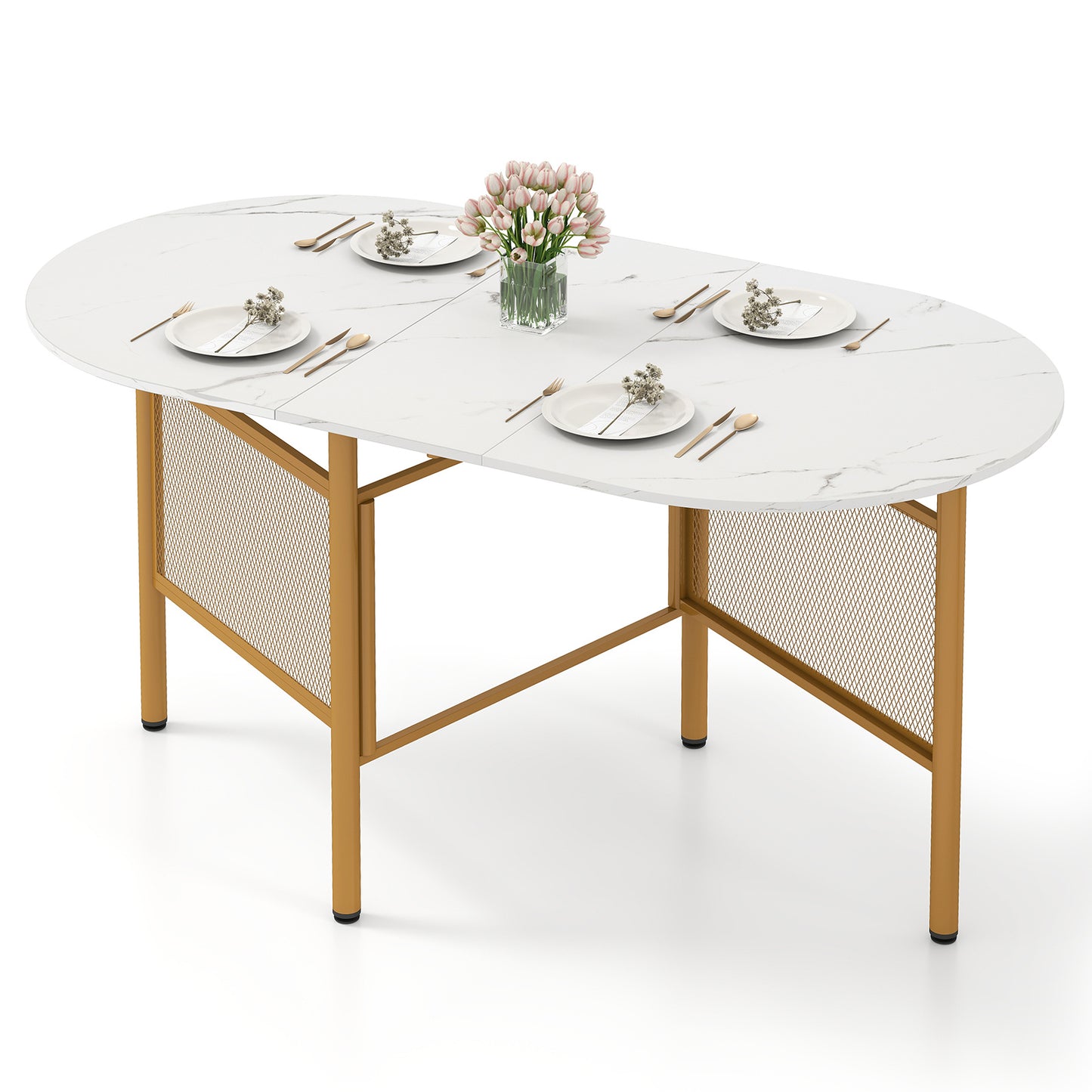 150 CM Folding Dining Table for 6-8 People with Metal Legs-White & Golden