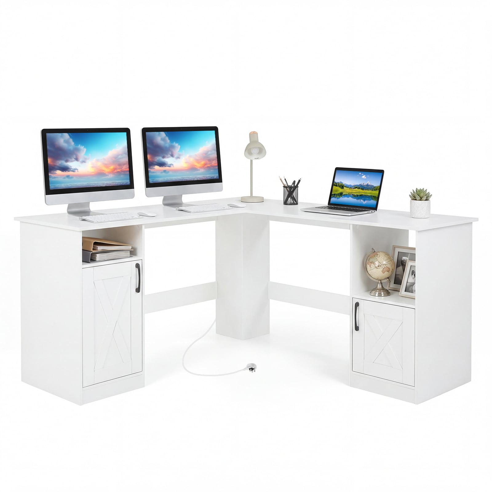150 CM L Shaped Executive Desk with Charging Station-White