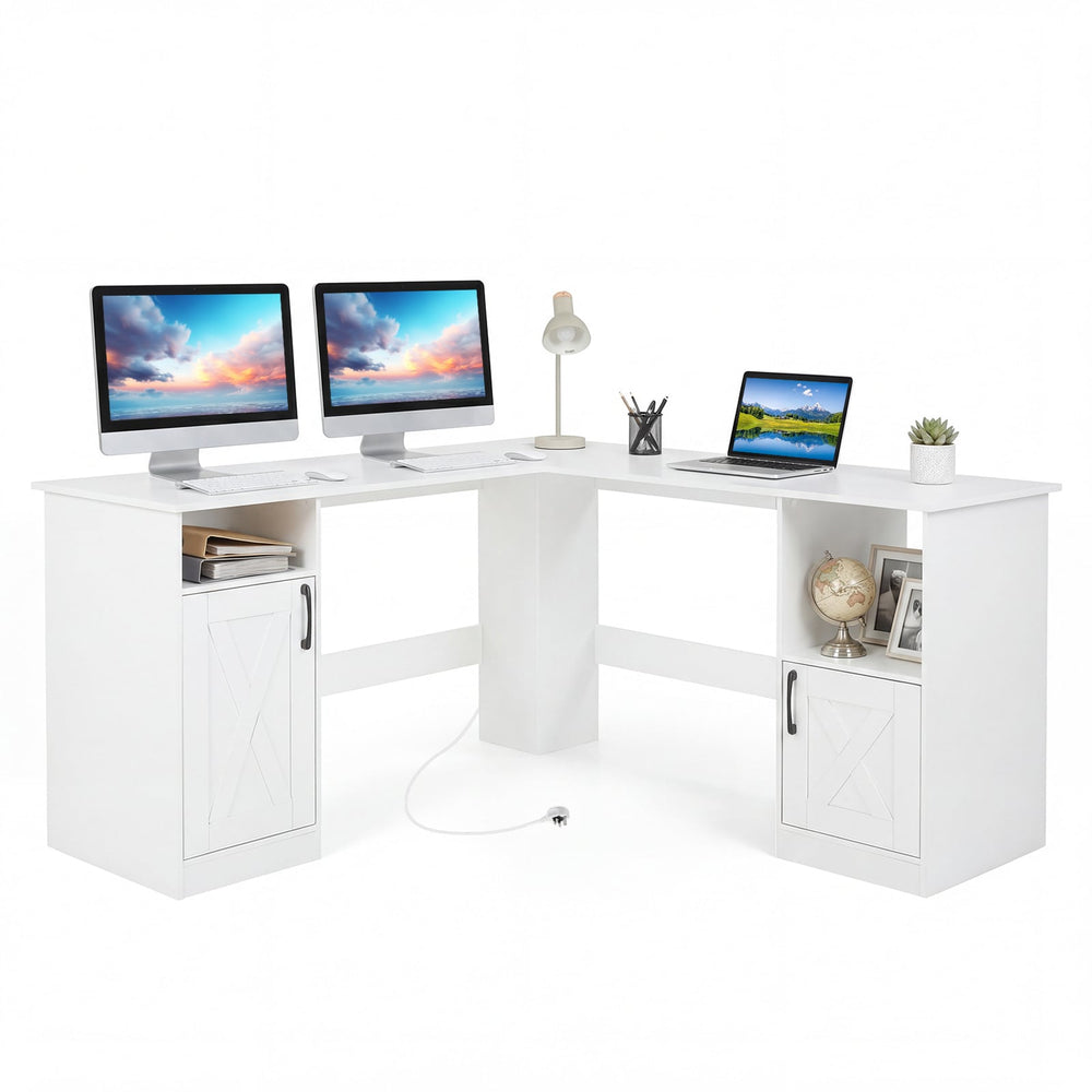 150 CM L Shaped Executive Desk with Charging Station-White