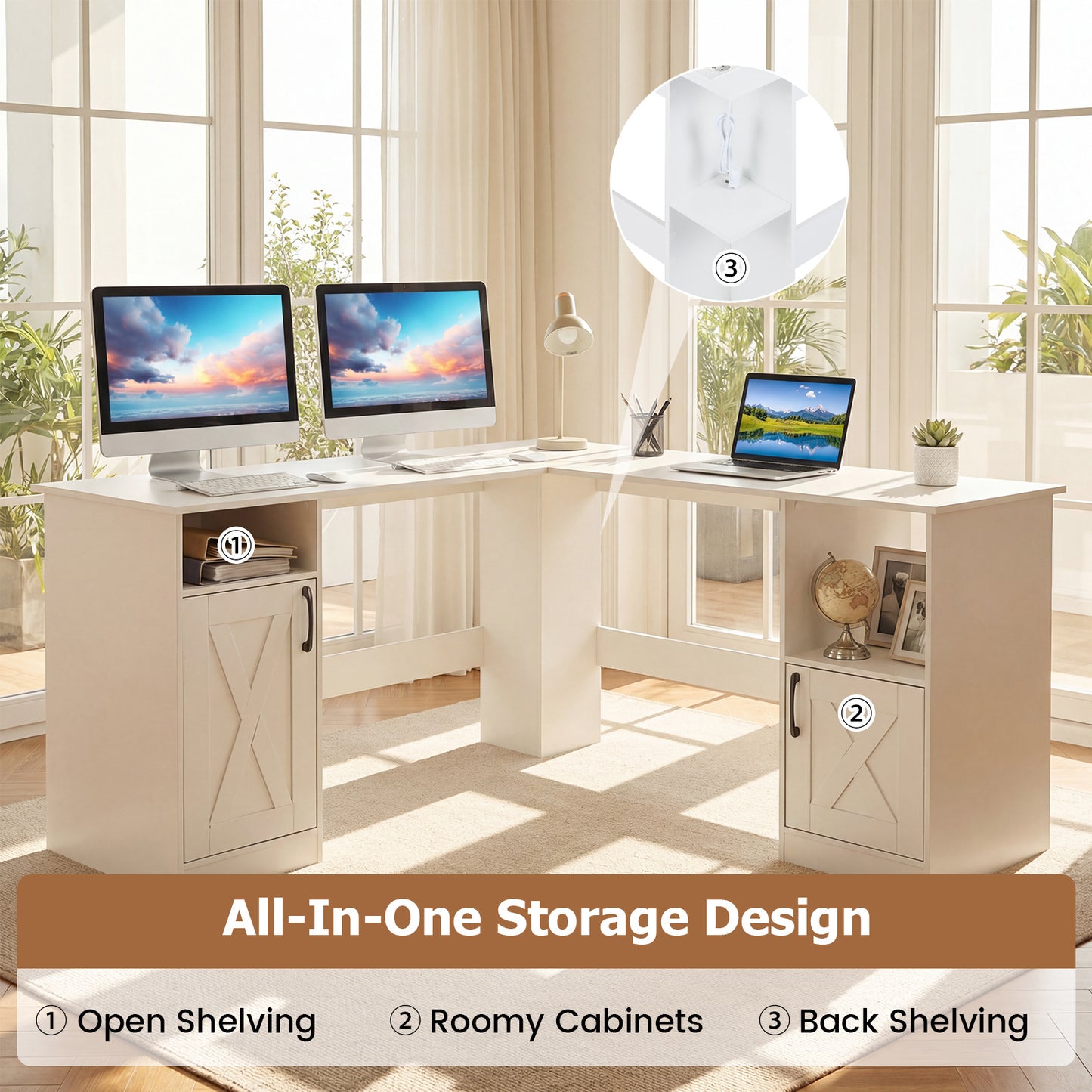 150 CM L Shaped Executive Desk with Charging Station-White