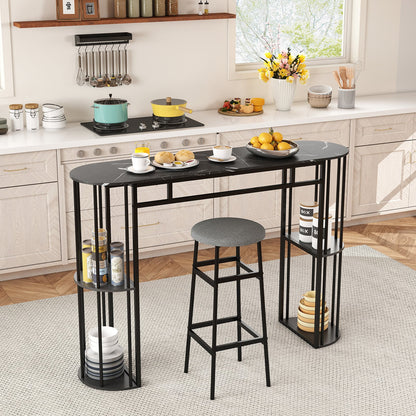 150 CM Long Bar Table with Faux Marble Tabletop & Storage Shelves for Kitchen & Dining-Black